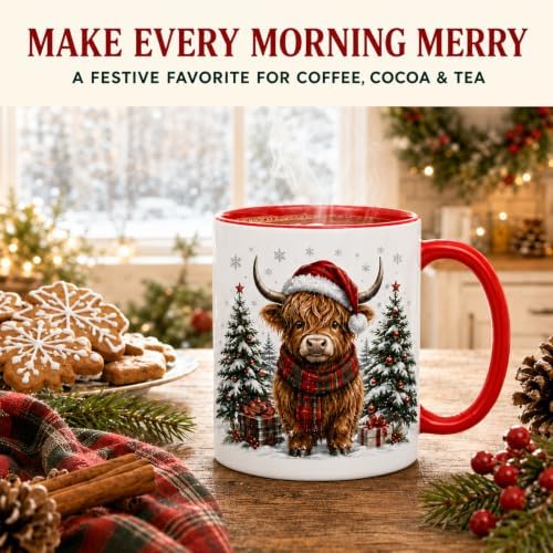 Highland Cow Gifts for Women, Christmas Mugs with Festive Red Handl - Image 4