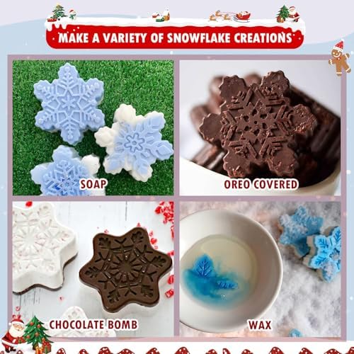 HKNMTT Snowflake Christmas Silicone Mold 12 Cavity 6 Shapes for Holiday Soap Chocolate Cocoa Bomb Ice Candy Oreo Covered Jello Xmas Winter Wax, Oven Safe Baking Frozen Moulds DIY Candle Craft Set - Image 5