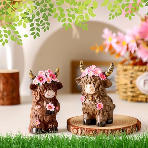 2 Pcs Highland Cow Figurines Decor, Pink Daisy Flower Style - Image 5