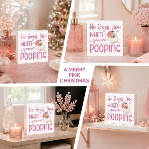 Pink Christmas Decor, Pink Christmas Bathroom Decor, Funny Santa Gift Decorations, Wooden Box Sign for Home Farmhouse Office Living Room Table Shelf Tiered Desk Bathroom Decor - Image 4