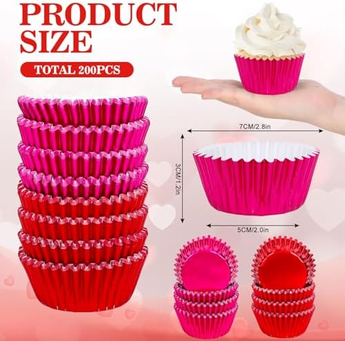 JarThenaAMCS 200Pcs Red Pink Foil Cupcake Liners Foil Metallic Baking Cups Cupcake Wrappers Muffin Liners for Valentine Christmas Birthday Wedding Party Supplies - Image 2