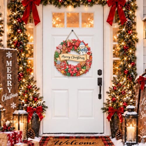 Christmas Decorations Gingerbread Snowman Merry Christmas Wreath Wood Sign - Image 2