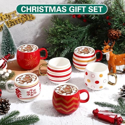 Jinei 6 Pcs Christmas Mug Set Christmas Ball Coffee Mug, Gold,Red, Retro - Image 2