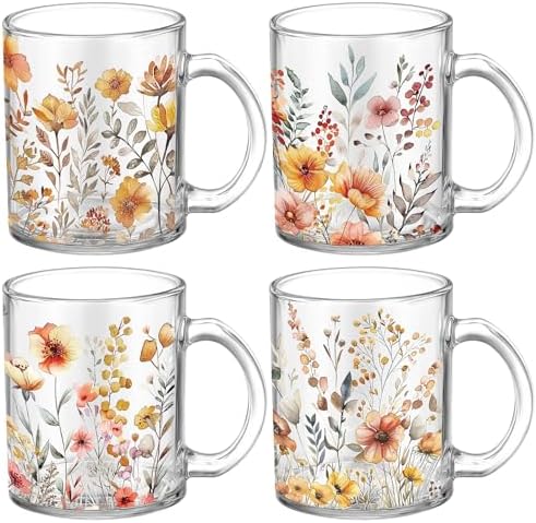 Tioncy 4 Pcs Fall Floral Glass Coffee Mugs 12 oz by Tioncy