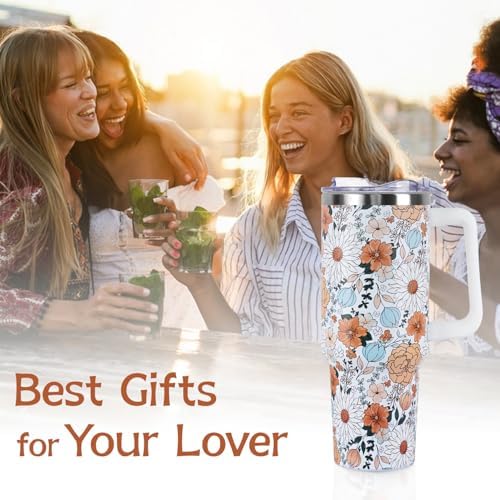 Floral Strawberry Tumbler with Handle and Straw Lid 40 oz,Cute Spring Summer Gift for Women Men Friends Boho Flowers Vacuum Insulated Leak Proof Stainless Steel Coffee Cup Mug - Image 7