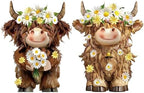 2 Pcs Highland Cow Figurines Decor, Daisy Flower Style by Burbell