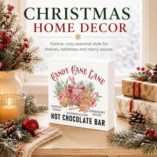 Candy Cane Lane Hot Chocolate Bar Sign, Christmas Kitchen Wood Box Decor - Image 2