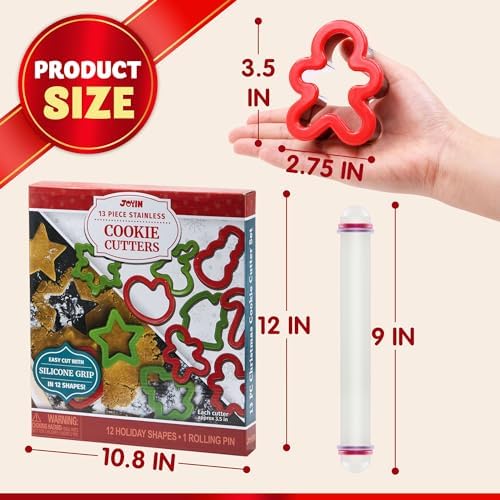 JOYIN 13 PCS Christmas Cookie Cutters in Stainless Steel with 3.5í plus Grip and a Rolling Pin for Xmas Holiday Party Baking Supplies, Snowflake, Gingerbread Cookies Mold and Baking Gift - Image 5