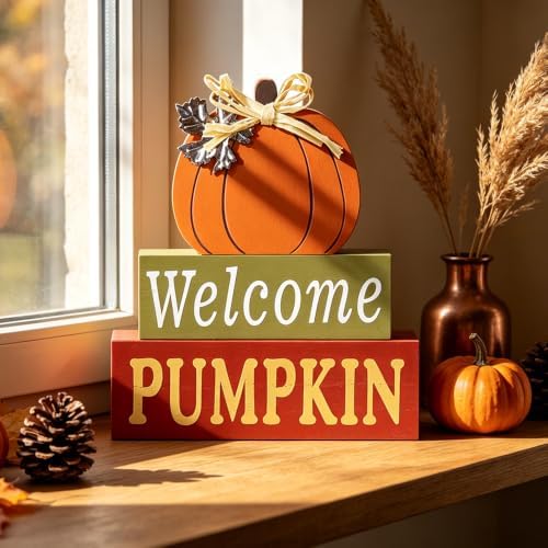 MEETYAMOR Fall Decorations for Home, Large Size 3-Layered Wood Block Pumpkin Sign for Thanksgiving Decor, Thanksgiving Decorations for Home, Autumn Sign with Welcome Lettered Centerpieces - Image 5
