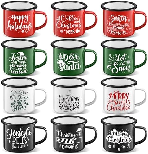 Christmas Enamel Mug Set of 12, 12 oz Hot Cocoa Mugs Mini Christmas Coffee Mugs Bulk with Quotes Novelty Holiday Hot Chocolate Mug Set Stocking Stuffer Gift for Kids Women Friends Coworkers Family by NatNarr