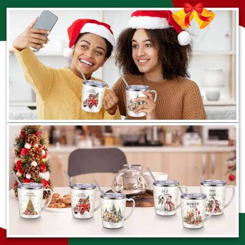 Didaey 6 Pcs Christmas Coffee Mugs Cups 11 oz Christmas Stainless Steel Tumbler Vacuum Insulated Coffee Cups with Handle Lid Straw Wine Mug for Winter Xmas Gift Holiday Party Supplies(Watercolor) - Image 5