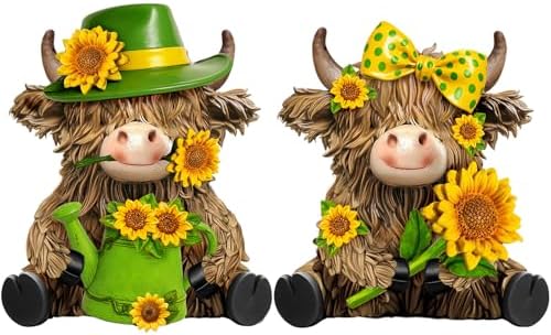 2 Pcs Resin Highland Cow Figurine Decor, Brigh Sunflower Style by Burbell