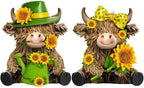 2 Pcs Resin Highland Cow Figurine Decor, Brigh Sunflower Style by Burbell
