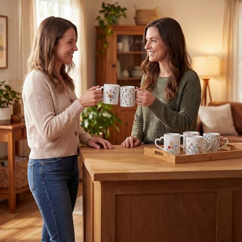 Wildflower Heart Handle Coffee Mug Set of 6, Ceramic 10 Oz Cups - Image 6