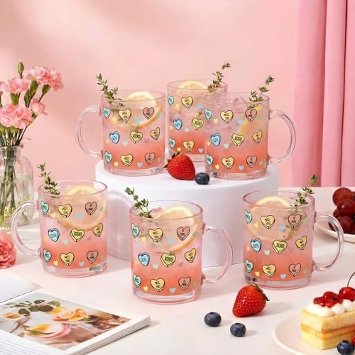 Maxcheck 6 Pack 12 oz Valentines Day Heart Glass Coffee Mugs with Handle by Maxcheck