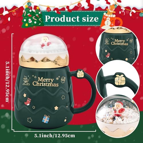 17.6 oz Christmas Mug with Winter Snow Globes Lid Decorations, Large Cute Festive Ceramic Coffee Cup, Winter Xmas Holiday Birthday Tabletop Drinkware Gifts for Adults Kids Men Women (Green) - Image 2