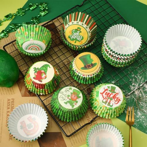SANNIX 450pcs St. Patrick's Day Cupcake Liners, Irish Clover Shamrock Print Baking Cupcake Green Wrappers Paper Muffin Liners for St. Patrick's Day Party Candy Cake Decorations Supplies(9 Designs) - Image 5
