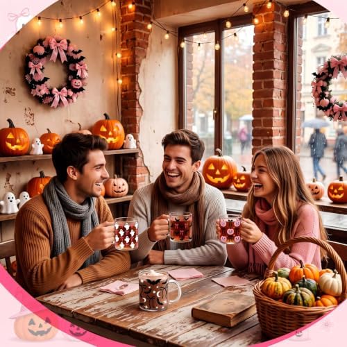 Tioncy 4 Pcs Halloween Coffee Mugs 12 oz Glass Pink Bow - Image 6