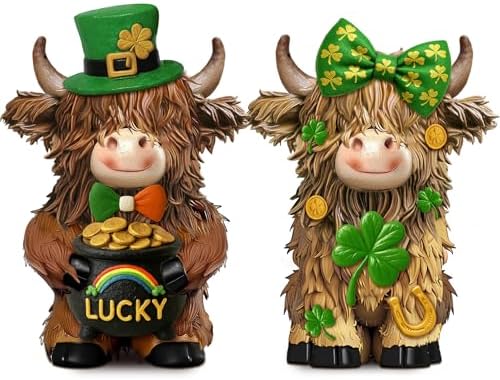 2 Pack Resin St. Patrick's Day Highland Cow Decor Gifts by Burbell
