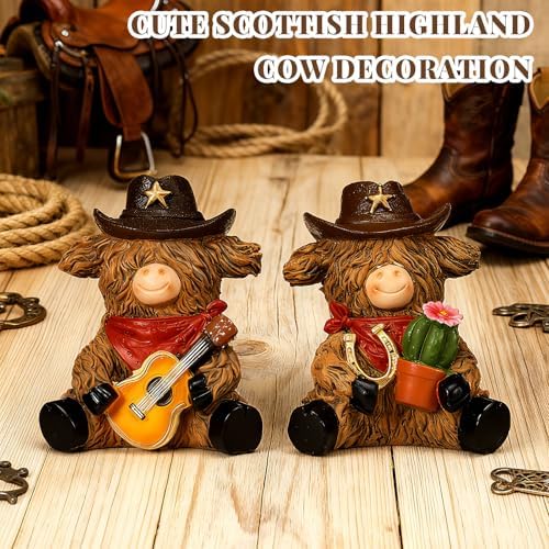 2 Pcs Resin Highland Cow Figurines Decor, Western Cowboy Style - Image 6