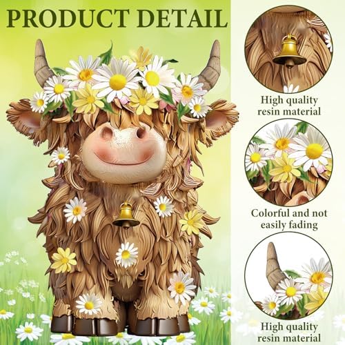 2 Pcs Highland Cow Figurines Decor, Daisy Flower Style - Image 4
