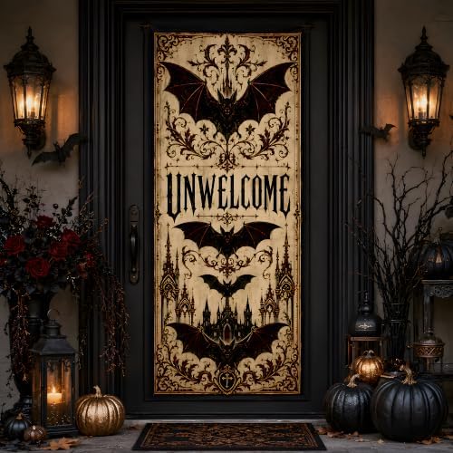 Halloween Decorations - UNWELCOME Gothic Halloween Door Cover by OHOME