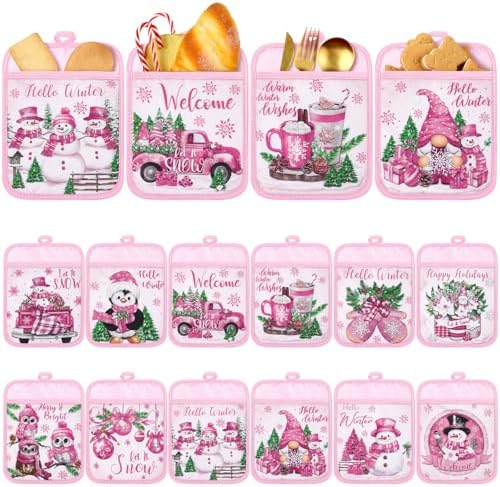 Jingmore 12 Pcs Pink Christmas Pot Holders with Pocket Hello Winter Snowflake Pot Holders Gift Bulk Snowman Gnome Heat Resistant Hot Pads Oven Mitts Cute Oven Gloves for Xmas Kitchen Baking Cooking by Jingmore