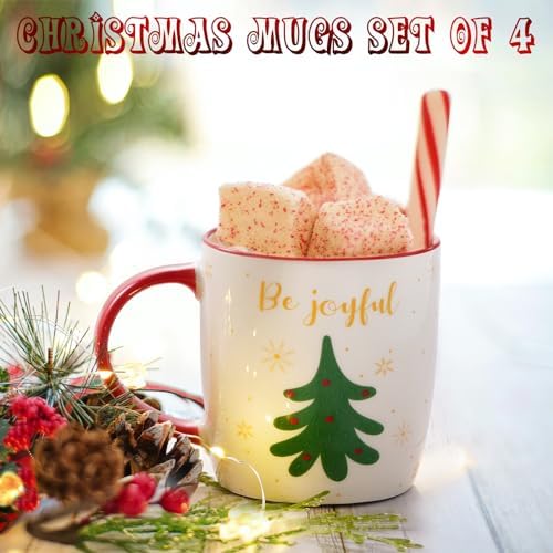 YHRJWN Christmas Coffee Mug Set of 4, Ceramic Tree Mug for Kids Women, Gift Set, Merry Xmas Gifts Ornaments, 11 Oz - Image 3