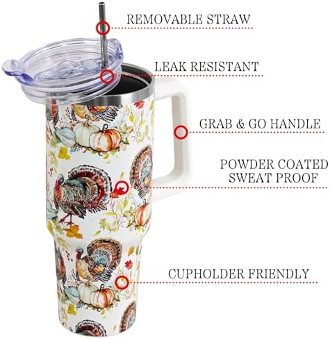Thanksgiving Tumbler with Handle and Straw Lid 40 oz,Cute Thankful Thanks Turkey Pumpkin Gifts for Women Vacuum Insulated Leak Proof Tumbler,Winter Holiday Accessories Stainless Steel Coffee Cup Mug - Image 3