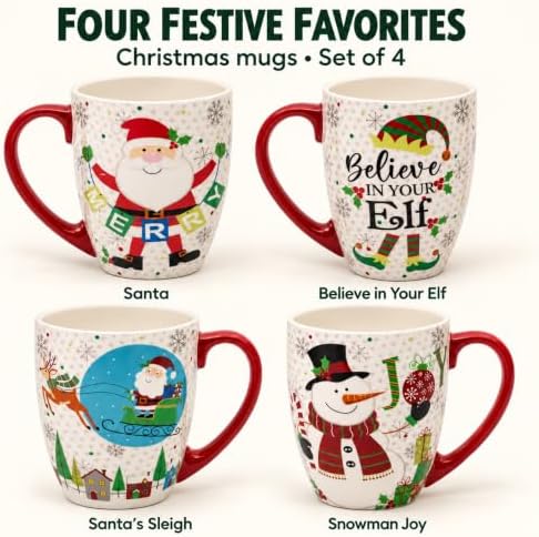 Topadorn Christmas Mugs Set of 4, Festive Coffee Cups with Handle, 18 oz Ceramic Coffee Cups - Gift for Family and Friends, Ideal for Holiday Party, Hot Chocolate, Tea - Image 2