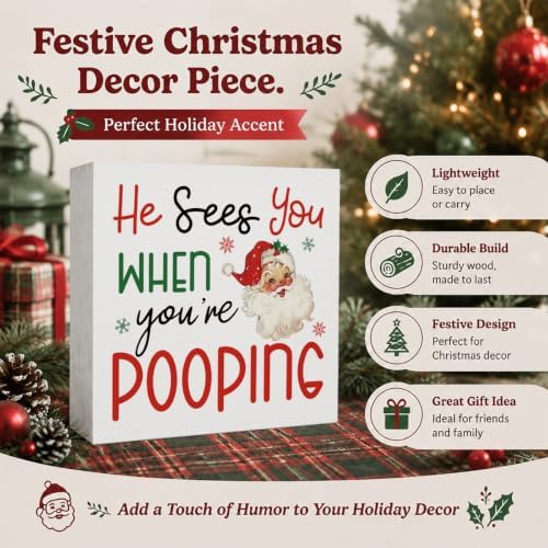 Christmas Bathroom Decor, Funny Christmas Santa Decorations Wooden Box Sign - Image 2
