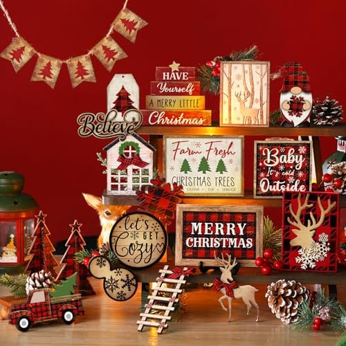 Shellwei 24 Pcs Christmas Tiered Tray Decor, Wood Rustic Buffalo Plaid - Image 2