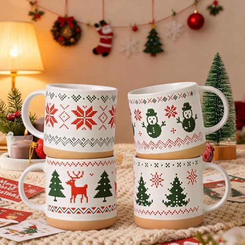 YHRJWN Christmas Mugs Set of 4, Christmas Mugs with Xmas Tree, Snowman, Snowflake, Reindeer Design Pixel Print, Xmas Coffee Mugs for Family Friends, 12 Oz - Image 2