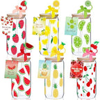 Vesici 6 Set Summer Glass Cups 16 oz Lemon Watermelon Lime Cherry Drinking Tumbler with Lid Straw and Stopper Can Shaped Juice Cup Appreciation Gifts with Cards and Bow for Summer Party Favor Decor by Vesici
