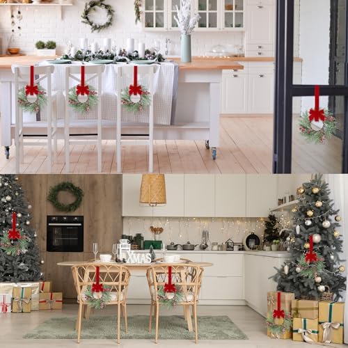 Sggvecsy 6 Pcs Christmas Mini Cabinet Wreaths Norfolk Pine Wreath with Ribbon Bows Red Berry Artificial Small Kitchen Wreath for Window Front Door Farmhouse Wall Pillars Xmas Decorations - Image 6
