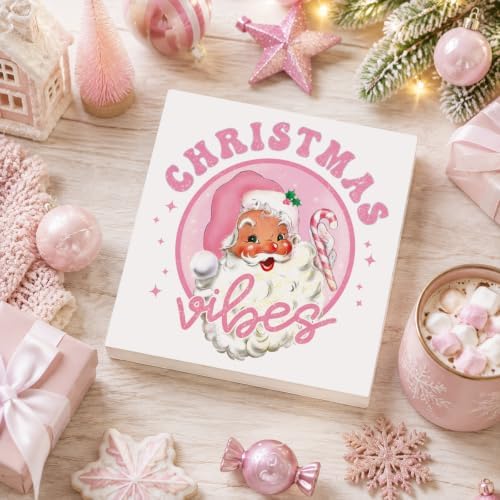 Pink Christmas Decor, Vintage Christmas Decorations Indoor, Glitter Candy Cane Santa Claus Sign Gift for Women Friends, Rustic Farmhouse Wooden Box Sign for Home Office Bedroom Desk Decor 5x5 Inches - Image 4