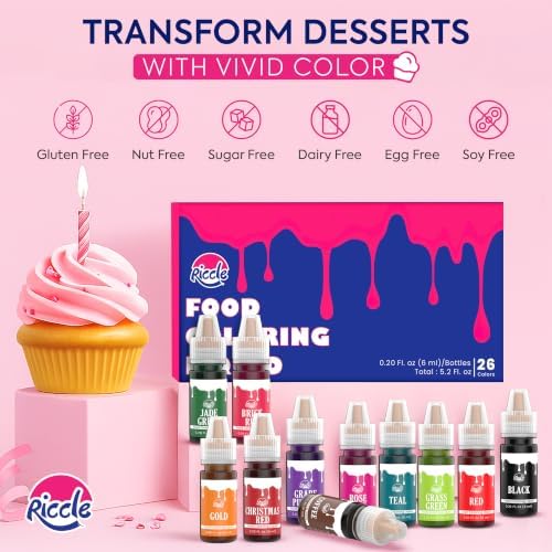 Riccle Food Coloring for Baking - 26 Bright Food Coloring Liquid Set for Cake decorations - 0.20 Fl. Oz (6 ml) / Bottle x 26 Food Dye for Icing, Christmas Cookie decorating Supplies Baking Supplies - Image 6