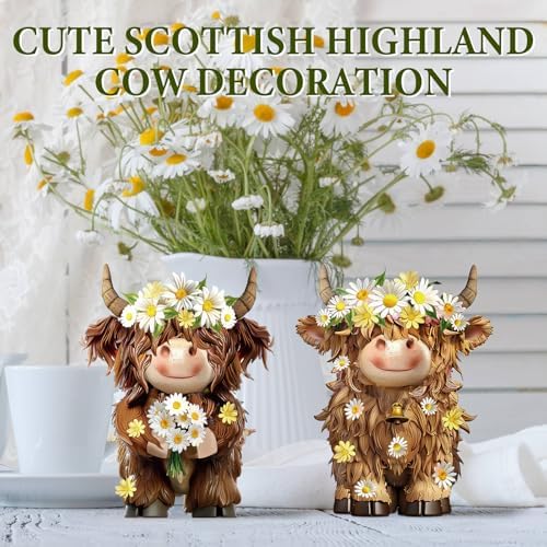 2 Pcs Highland Cow Figurines Decor, Daisy Flower Style - Image 5