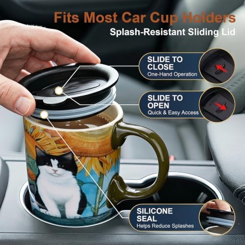 Topadorn 17oz Ceramic Travel Mug with Lid, Sunflower & Cat Coffee Mug - Image 3
