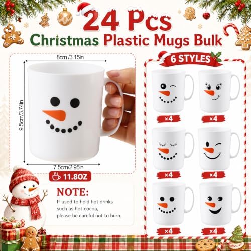 Potchen 24 Pcs Christmas Plastic Mugs Bulk 12 oz, Snowman - Image 2