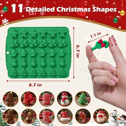 HKNMTT Christmas Silicone molds for Xmas Candy Chocolate Wax Decor, 60 Cavity 11 Shapes Gummy Mould, Including Tree Santa Cane Hat Socks Elk Gingerbread Man Bell Glove Snowman Food Grade DIY Set - Image 2