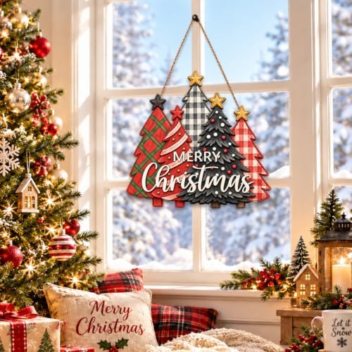 Christmas Decorations Buffalo Plaid Christmas Tree Wooden Hanging Sign - Image 6