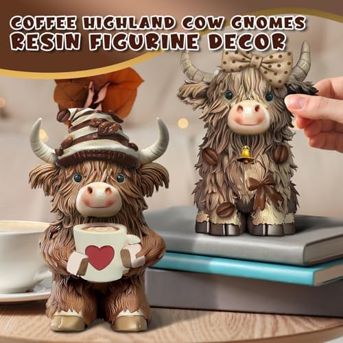 2 Pack Resin Highland Cow Figurine Gifts, Coffee Theme Decor - Image 2