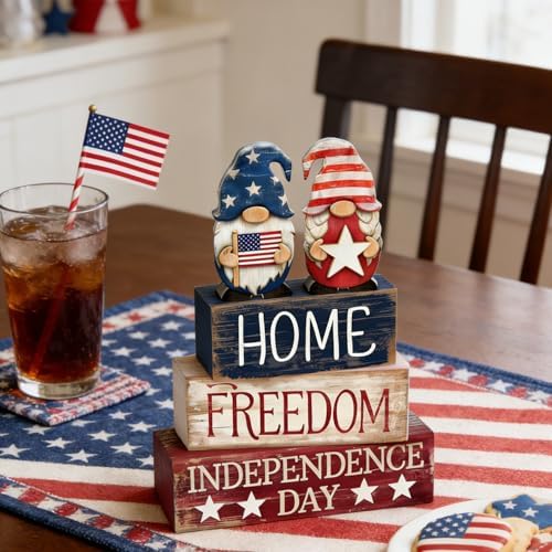 4th of July Table Decorations Patriotic Memorial Day Tiered Tray Decor Wooden Gnome Block Signs Independence Farmhouse 250th July Fouth Centerpiece for Tables Wooden Sign for Home Decor - Image 5
