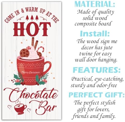 Hot Chocolate Bar Sign, Christmas Hanging Wood Sign, Winter Decorative Wall Signs, Rustic Winter Wooden Door Signs, Farmhouse Outdoor Wood Christmas Decor, Xmas Wall Art 6x12 Inches - Image 2