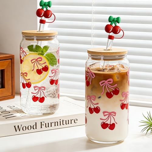 Cherries Bows Glass Cups, 2Pcs 18OZ Cherry Decor Iced Coffee Cups - Image 5
