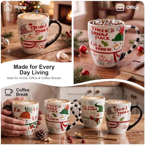 Topadorn 18 oz Christmas Mugs Set of 4, Ceramic Coffee Cups with Snowman & Christmas Hat Design - Gift for Family and Friends, Ideal for Holiday Party, Hot Chocolate, Tea - Image 6