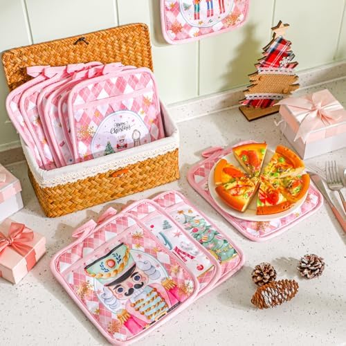 Jingmore 12 Pcs Pink Christmas Pot Holders with Pocket for Kitchen - Image 3