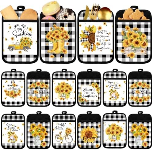 Jingmore 12 Pcs Sunflower Pot Holders Bulk, Black White Plaid with Pocket by Jingmore