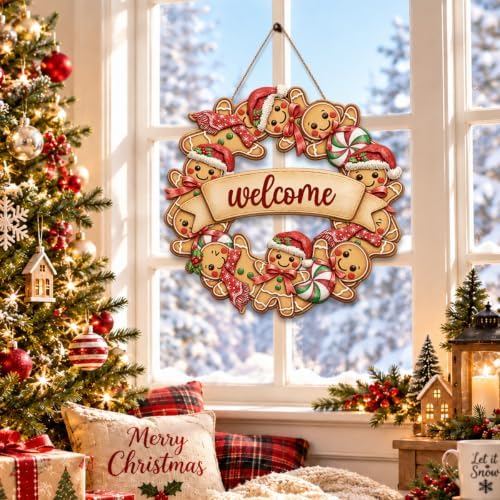 Gingerbread Christmas Decorations Welcome Wreath Wooden Front Door Sign - Image 6